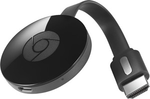 Google streaming device plugged into a TV